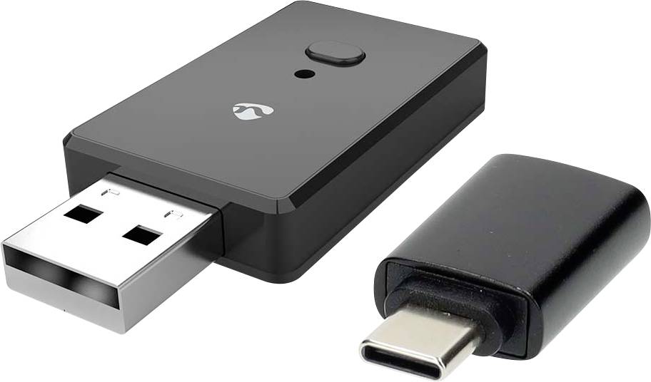 Wireless-Adapter mit USB- und USB-C-Anschlüssen, mit einer Taste auf der Oberfläche, auf weißem Hintergrund platziert.