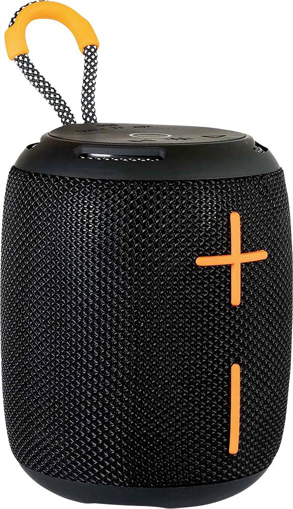 Ein tragbarer schwarzer Lautsprecher mit orangefarbenen Lautstärkereglern und einer Schlaufe oben zum einfachen Tragen.