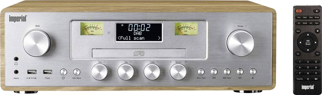 Ein Stereoanlage im Retro-Stil mit Holzfinish, mit digitalem Display, das 