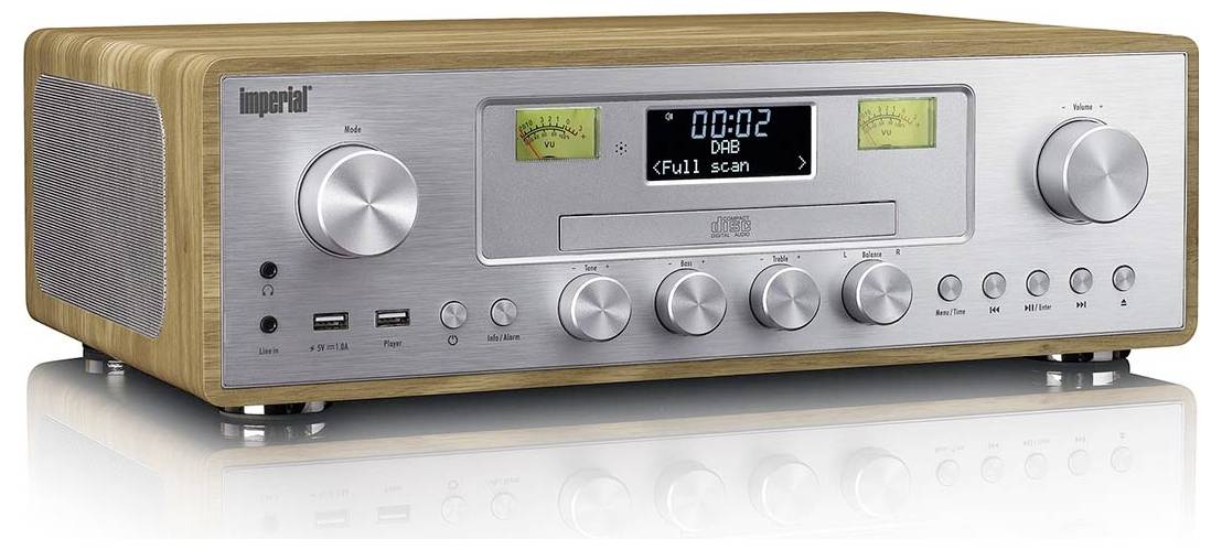 Ein Stereo-System im Retro-Stil mit digitaler Anzeige, Lautstärkereglern und mehreren Eingangsmöglichkeiten, einschließlich USB- und AUX-Anschlüssen.