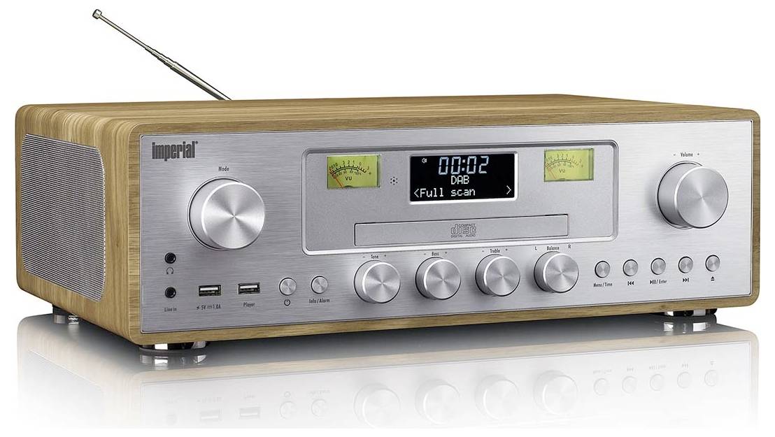 Ein modernes Holz- und Metallstereosystem mit digitalem Display, mehreren Bedienknöpfen und einer Antenne, das für hochwertige Audiowiedergabe konzipiert ist.