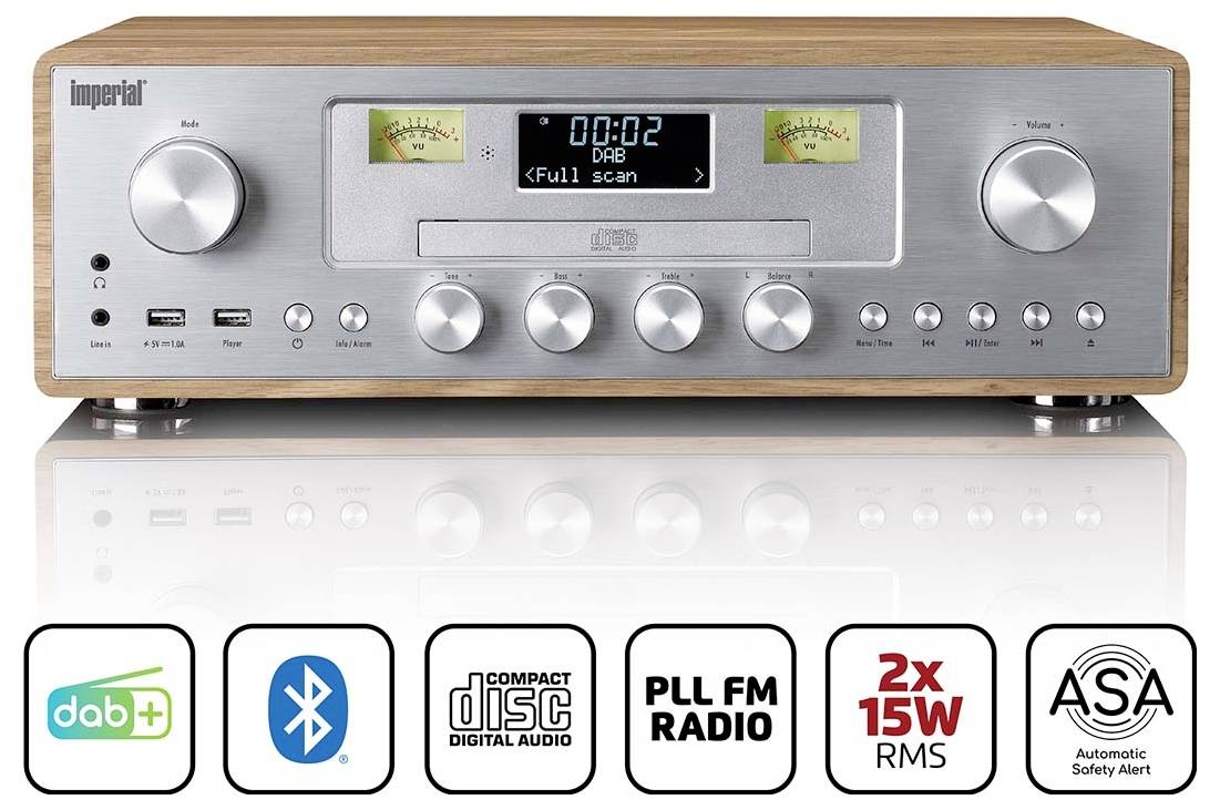 Ein Stereoempfänger im Retro-Stil mit Holzgehäuse, mit DAB+, Bluetooth, CD, PLL-UKW-Radio und dualer 15-W-RMS-Ausgangsleistung.