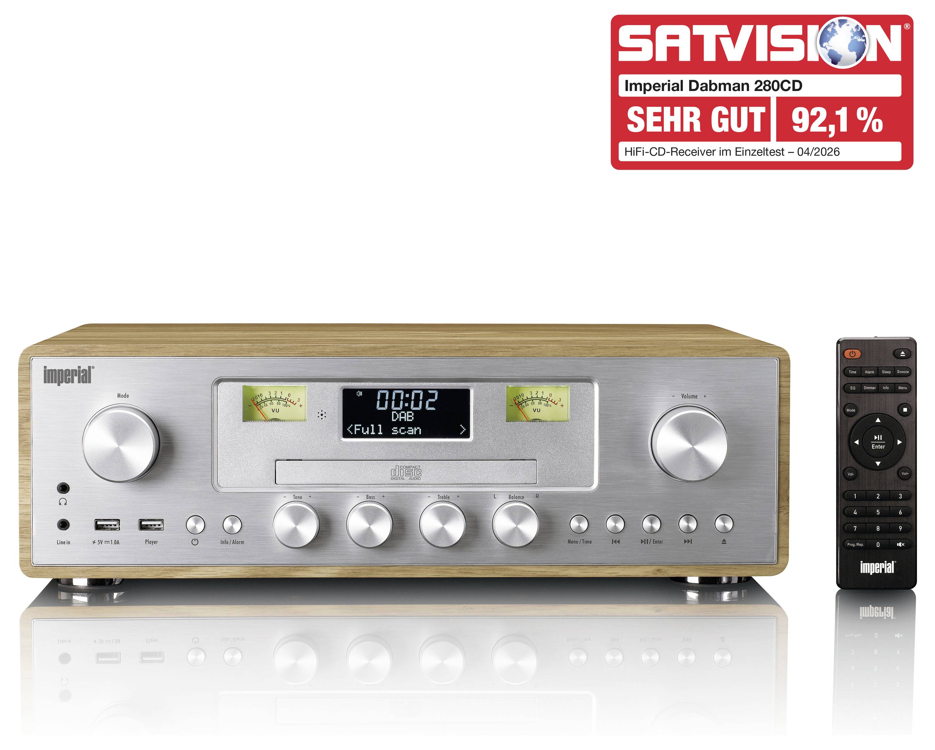 Satvision-Bewertung für den Receiver Imperial Dabman 280CD: 'SEHR GUT' mit 92,1 %; abgebildet sind Receiver und Fernbedienung.