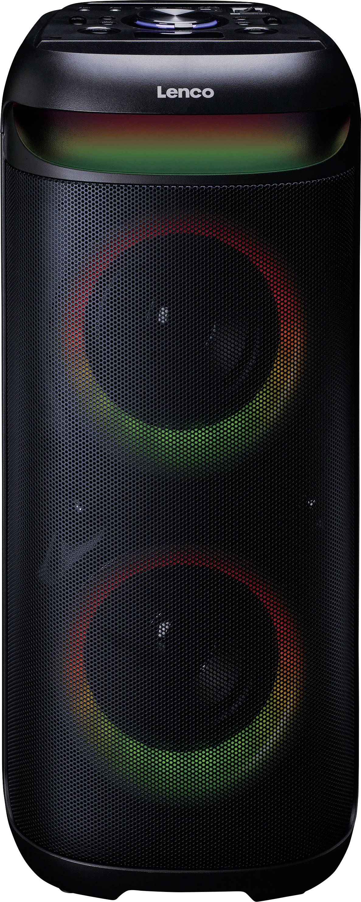 Großer schwarzer Lautsprecher mit zwei runden, mehrfarbigen Lichtern an der Vorderseite, mit einem modernen und eleganten Design.