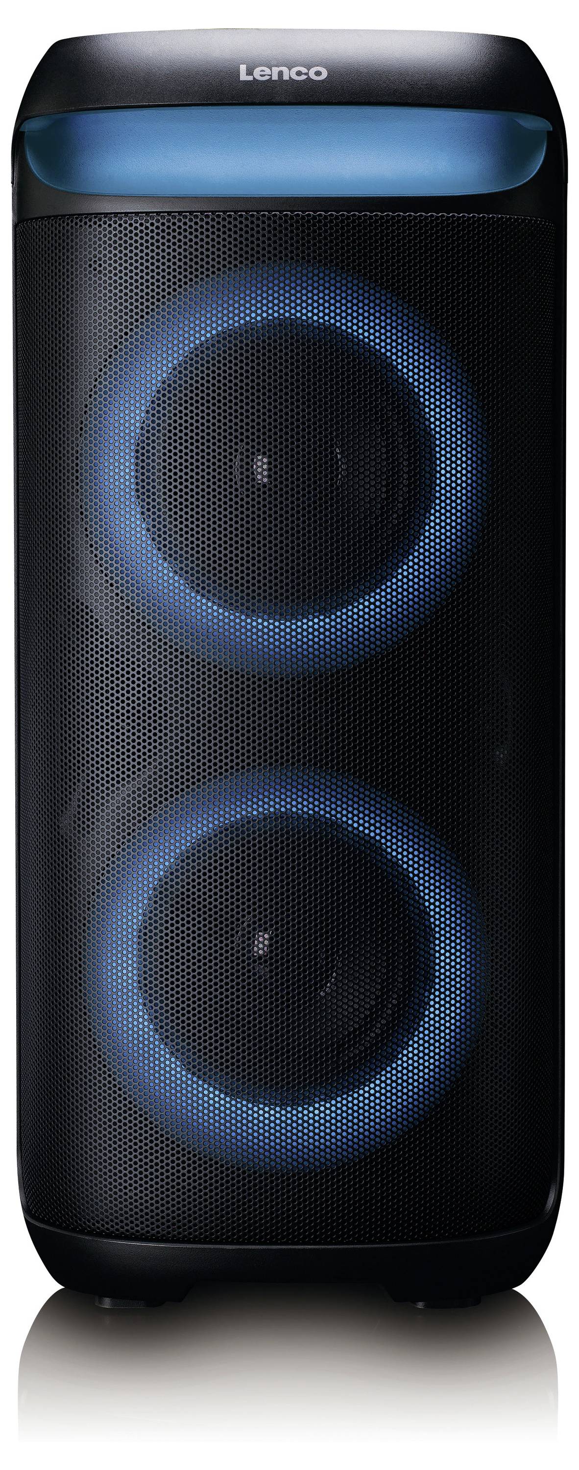 Ein tragbarer schwarzer Lautsprecher mit zwei großen kreisförmigen Lautsprechern, die leuchtende blaue Ringe aufweisen und anzeigen, dass er eingeschaltet ist und bereit zum Abspielen von Musik.