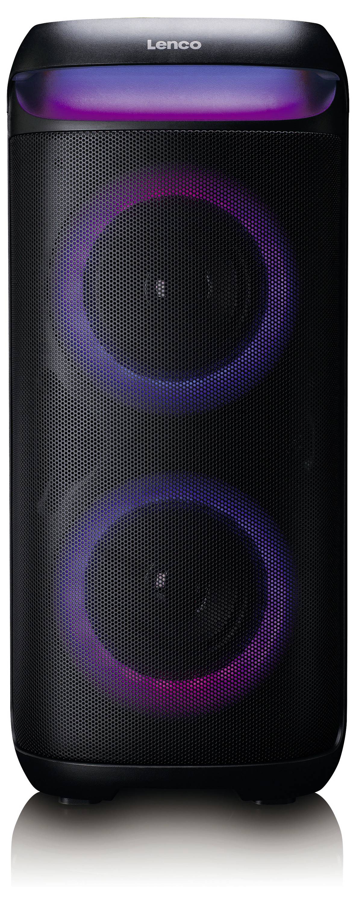 Ein Stereosystem mit einem Plattenspieler, zwei Lautsprechern und einer Fernbedienung. Das Hauptgerät zeigt Bedienelemente und einen kleinen Bildschirm mit Text an.