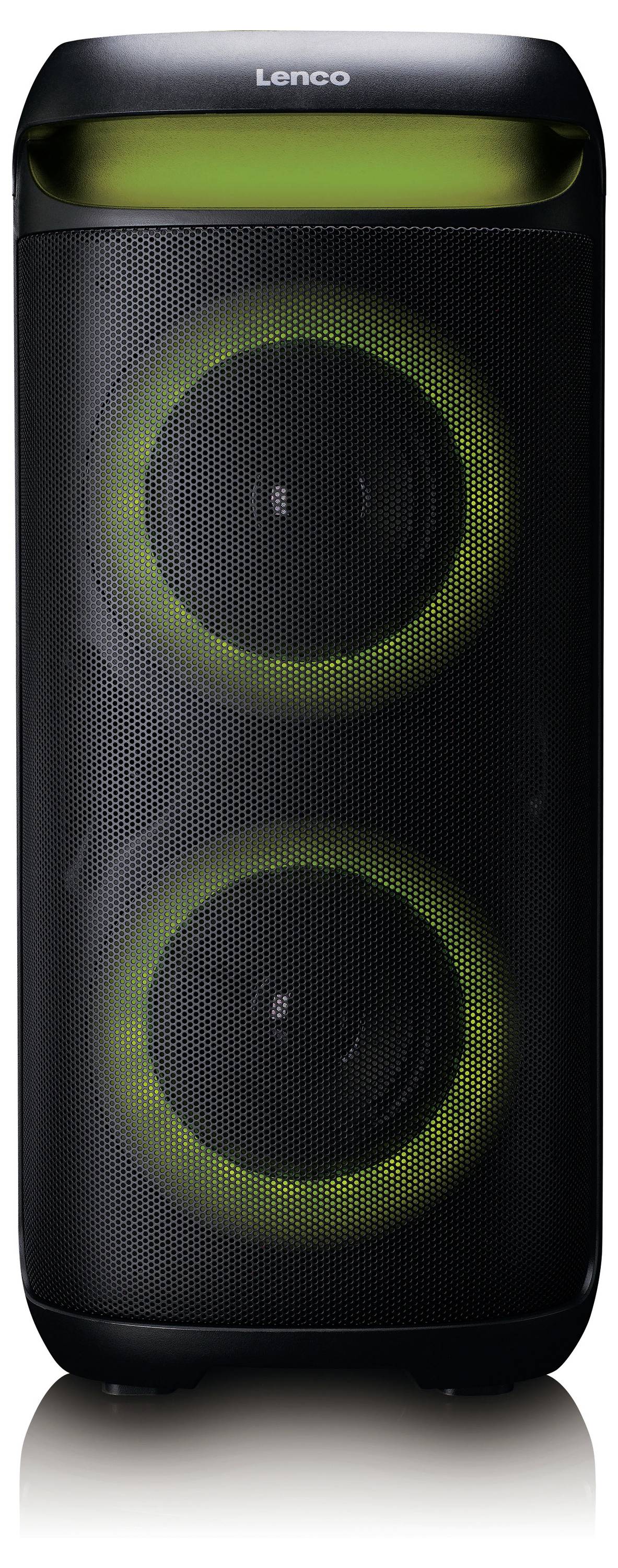 Ein schwarzer Bluetooth-Lautsprecher mit zwei großen kreisförmigen grün beleuchteten Treibern.