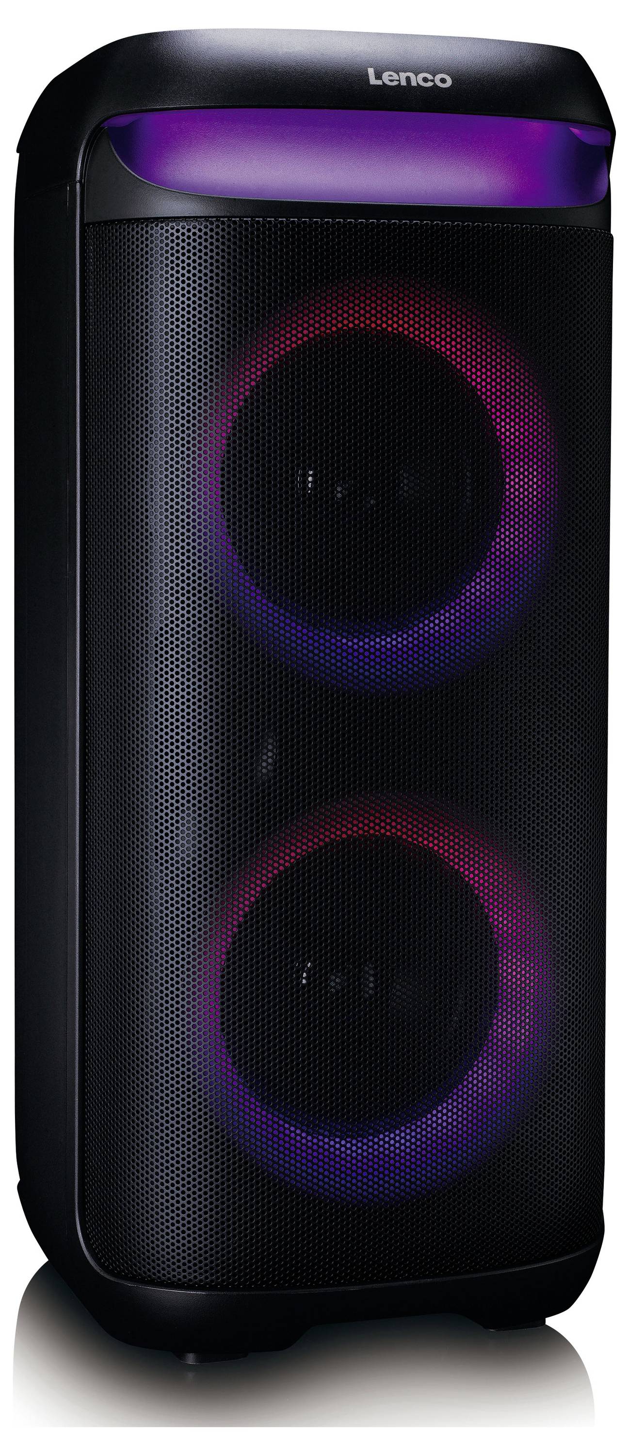 Ein tragbarer schwarzer Lautsprecher mit farbigen LED-Lichtern rund um zwei kreisförmige Bereiche, hergestellt von Lenco.