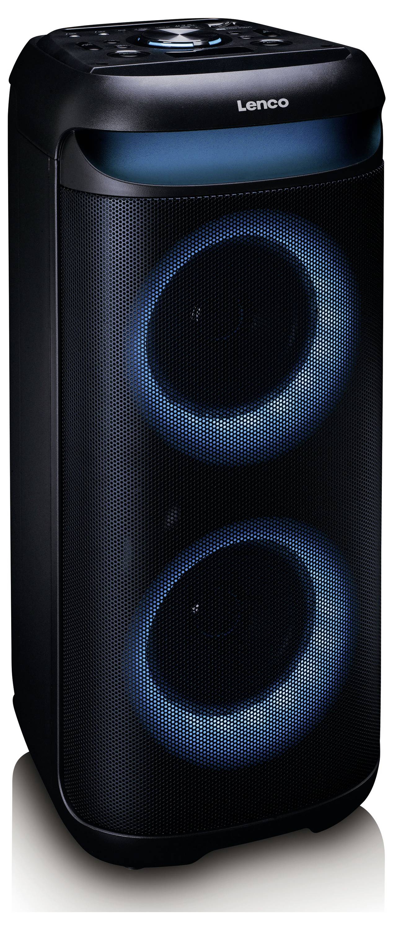 Ein eleganter, moderner Projektor mit grauem Finish, gekennzeichnet mit 'Lenco', mit einem prominenten Objektiv, das leicht nach oben gerichtet ist, auf einem Metallständer montiert.