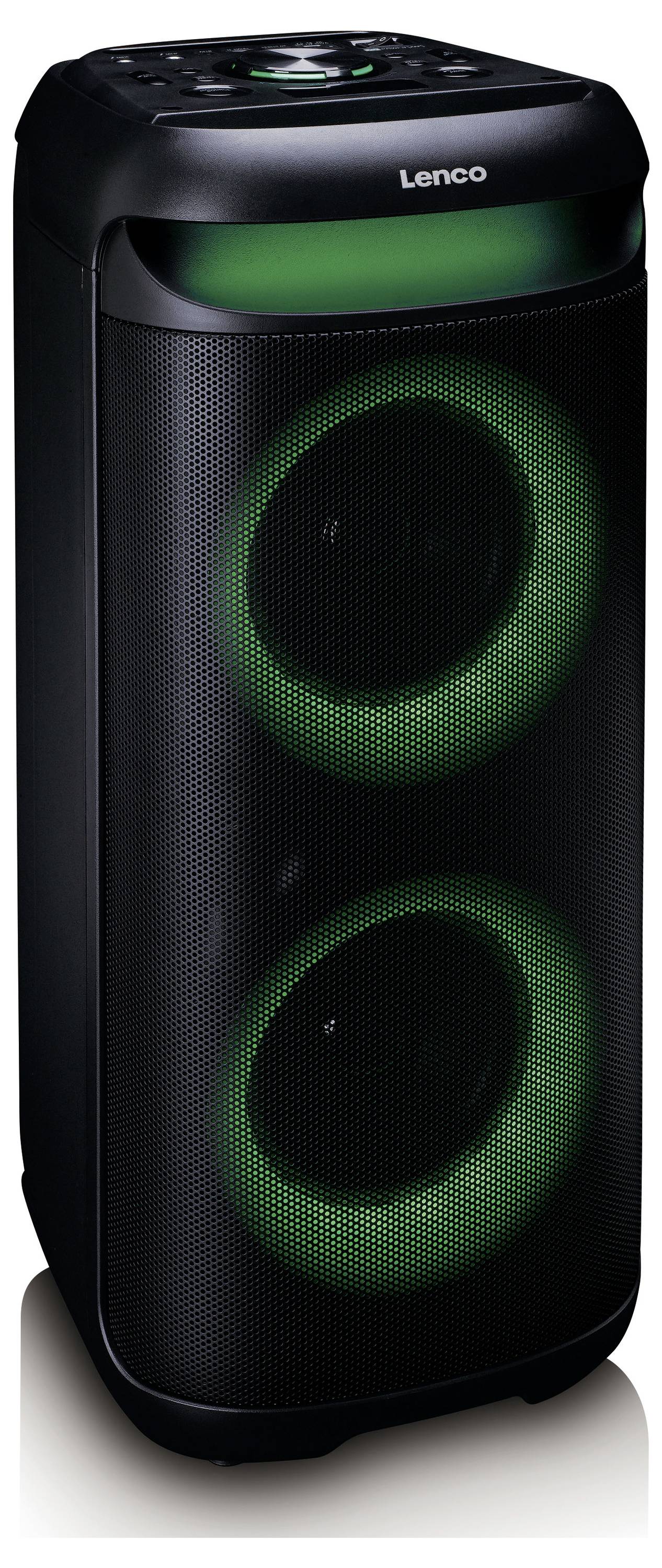 Ein schwarzer tragbarer Lautsprecher mit zwei grün beleuchteten kreisförmigen Bereichen, einem Bedienfeldfeld oben und dem Markennamen „Lenco