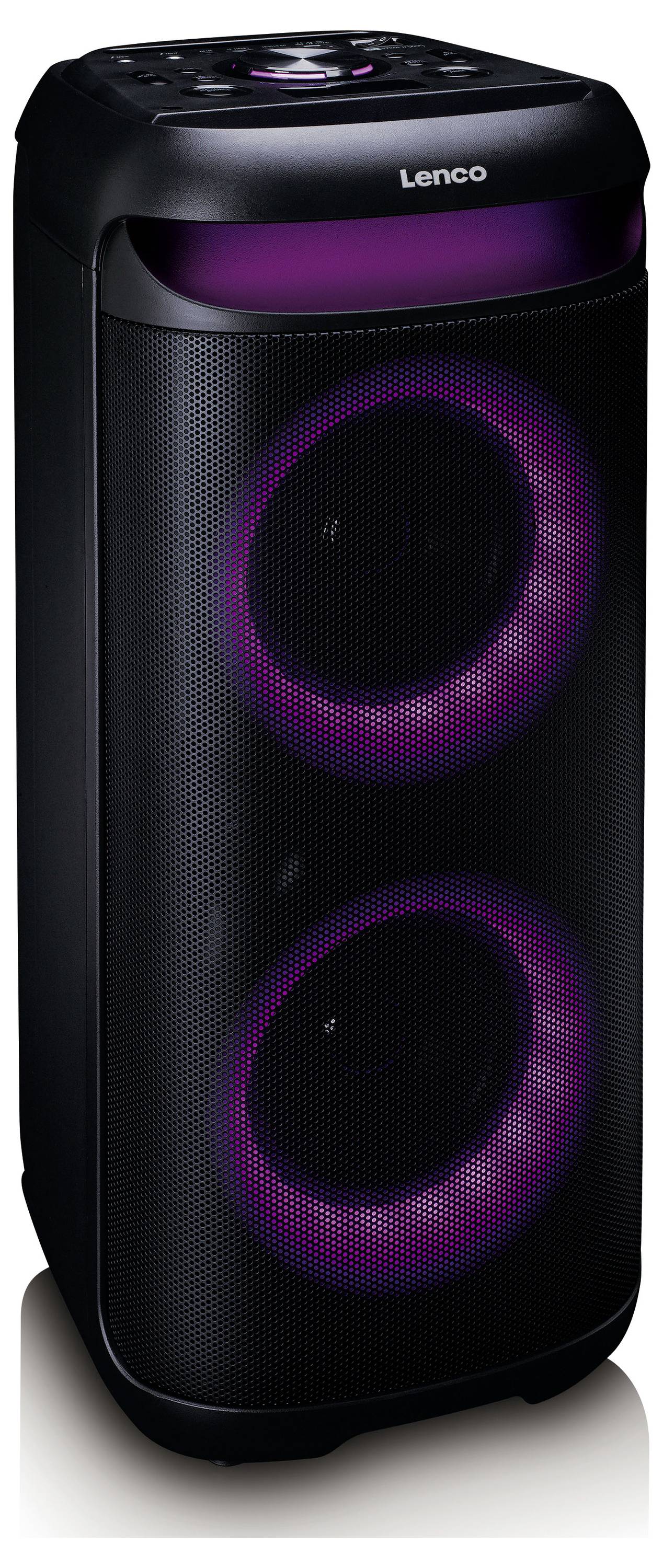 Ein tragbarer schwarzer Lautsprecher mit zwei kreisförmigen violetten LED-Lichtringen, entworfen für die Unterhaltung mit Heimaudio.