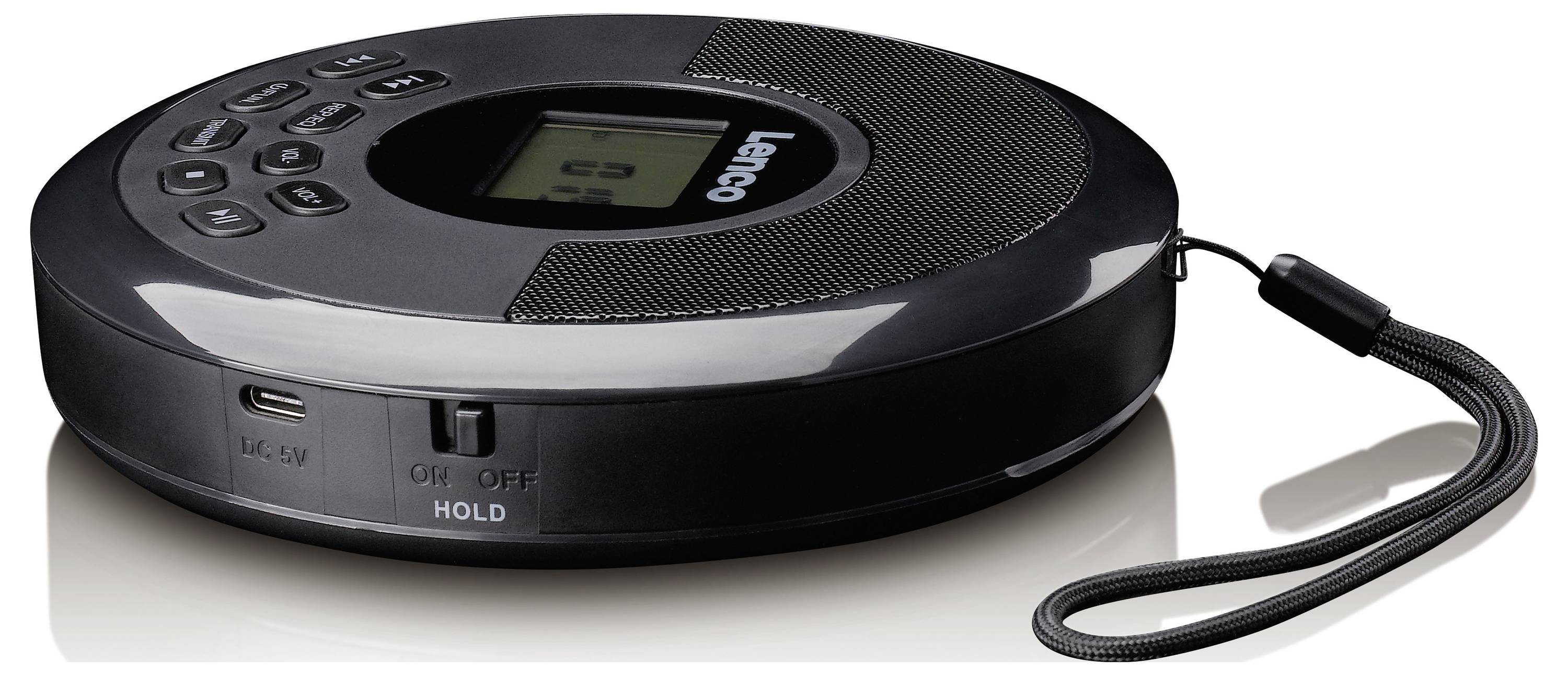 Ein tragbarer schwarzer CD-Player mit digitalem Display, Bedientasten und einem Handgelenkband. Der Netzschalter ist auf „Aus