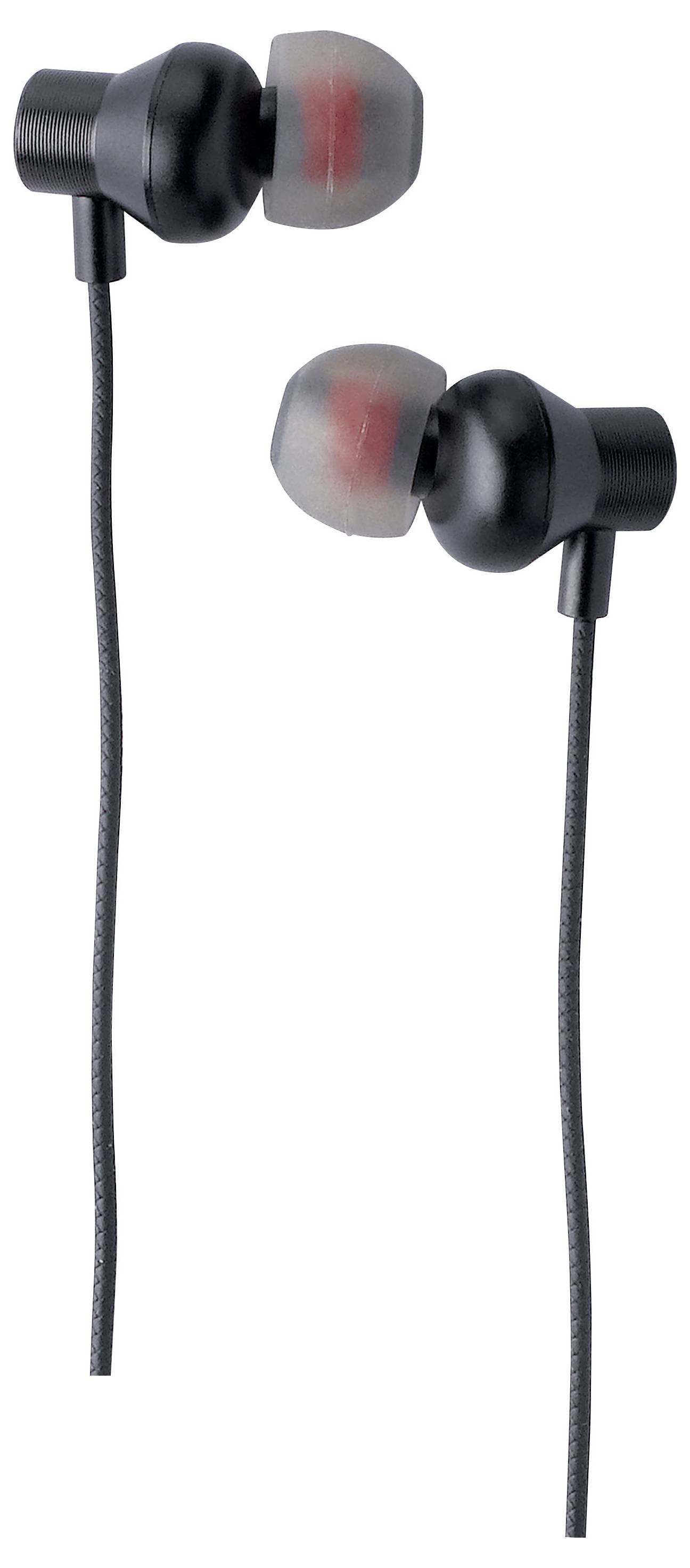 Schwarze kabelgebundene Ohrhörer mit roten und grauen Silikonspitzen, von der Seite dargestellt.