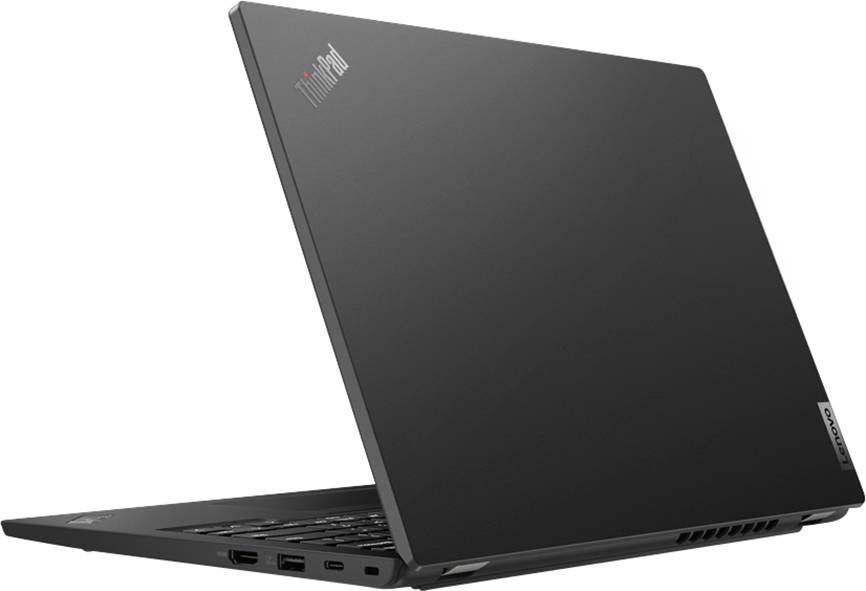 Ein schwarzer Laptop, der teilweise geöffnet ist und das ThinkPad-Logo auf dem Deckel zeigt. Mehrere Anschlüsse sind auf der Seite sichtbar.