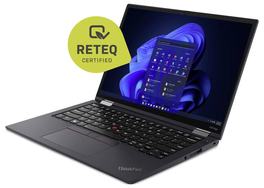 Ein schwarzer Laptop, der einen blauen Windows-Desktopbildschirm anzeigt, mit einem schwebenden 