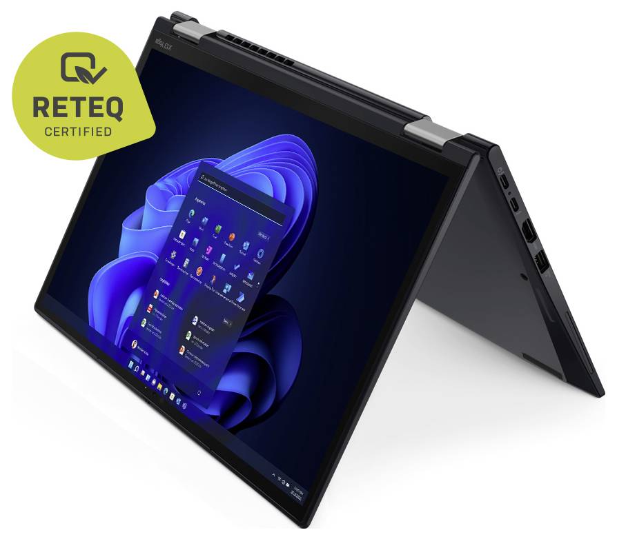 Ein Laptop im Zeltmodus zeigt einen Windows-Desktop mit einem Startmenü. Ein 