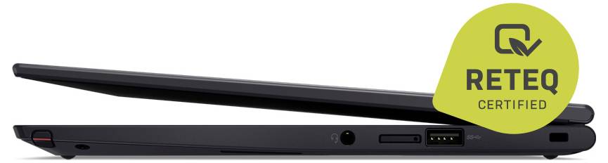 Ein schlanker, geschlossener Laptop mit einem „RETEQ CERTIFIED