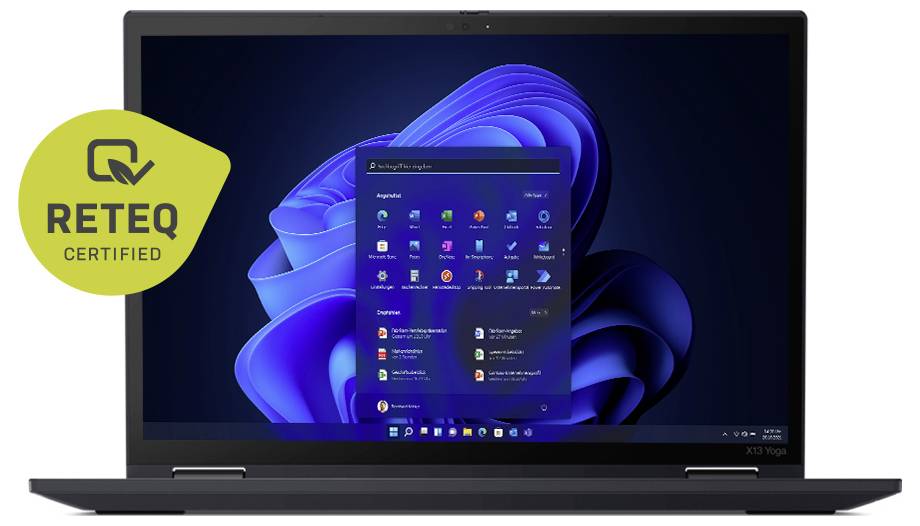 Ein Laptop zeigt einen Bildschirm mit dem Windows 11 Startmenü an. Er verfügt über ein 