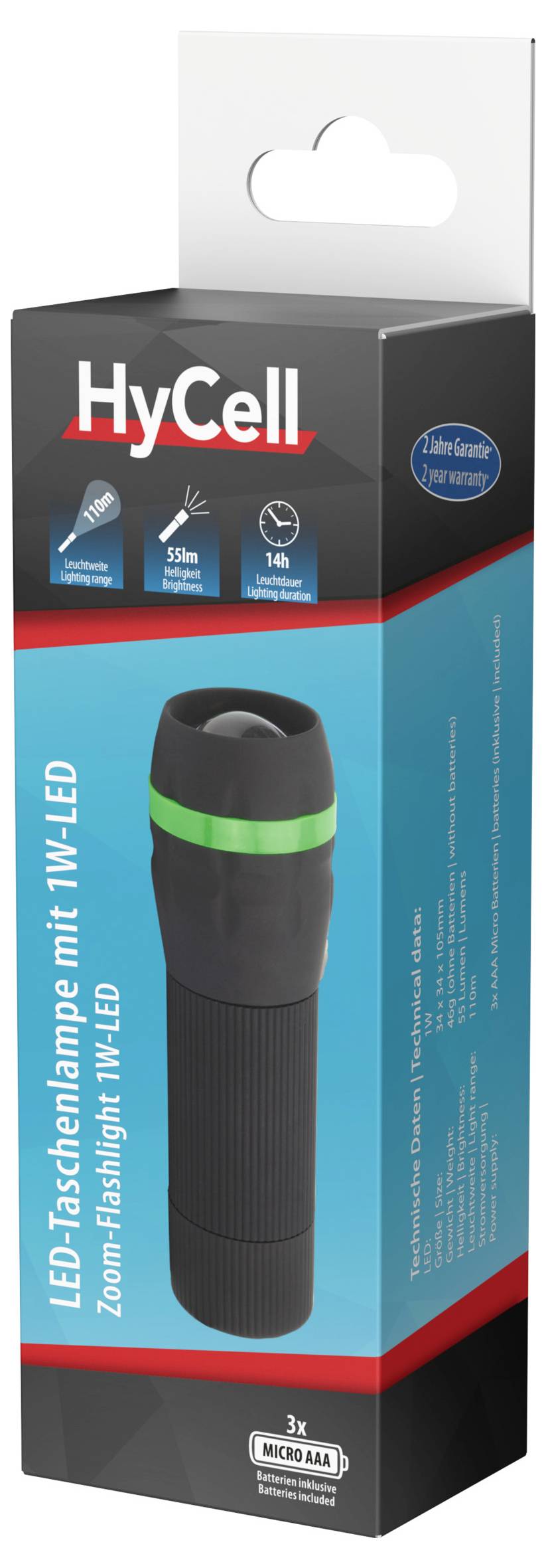 HyCell LED Taschenlampen-Paket mit einer schwarzen Zoom-Blitz-MT1-LED-Taschenlampe mit grünem Ring und Anforderung von 3x Micro-AAA-Batterien.