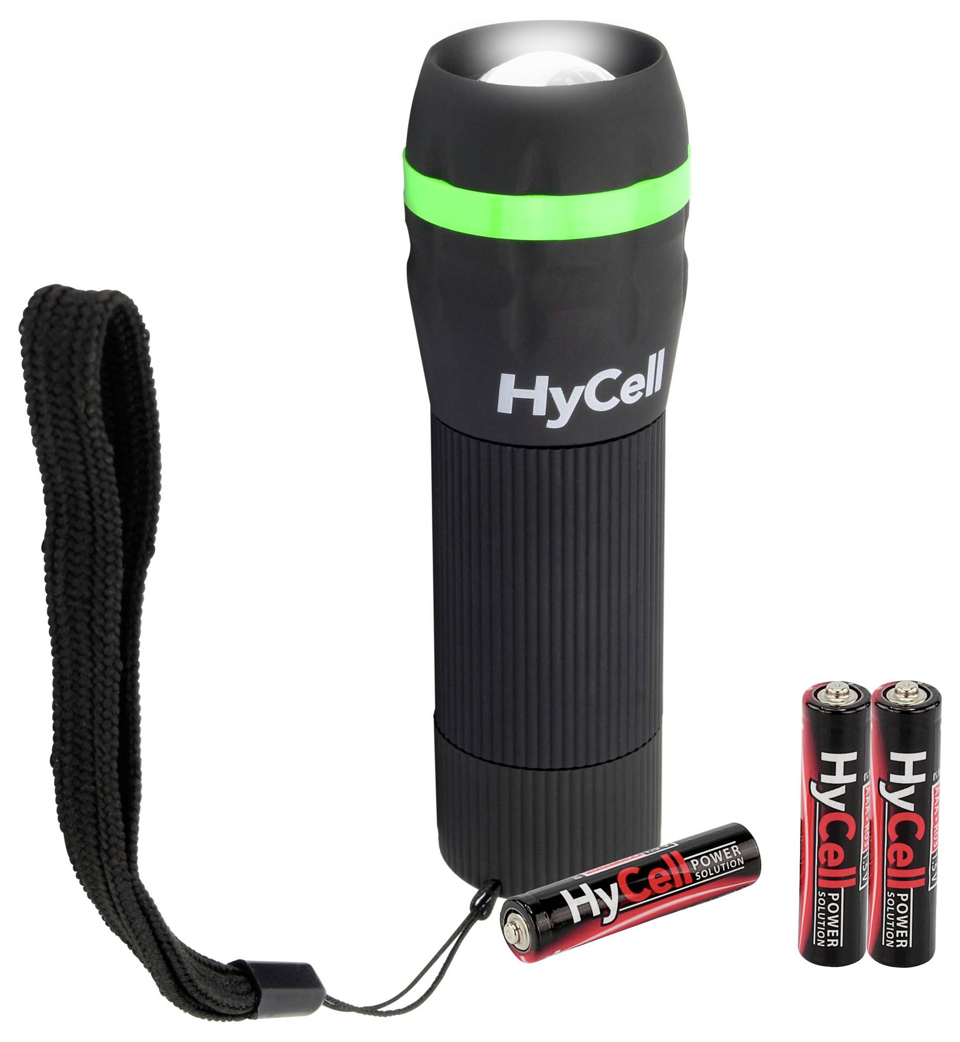 HyCell schwarze Taschenlampe mit grünem Ring und Handgelenkschlaufe, gezeigt mit drei AA-Batterien auf weißem Hintergrund.