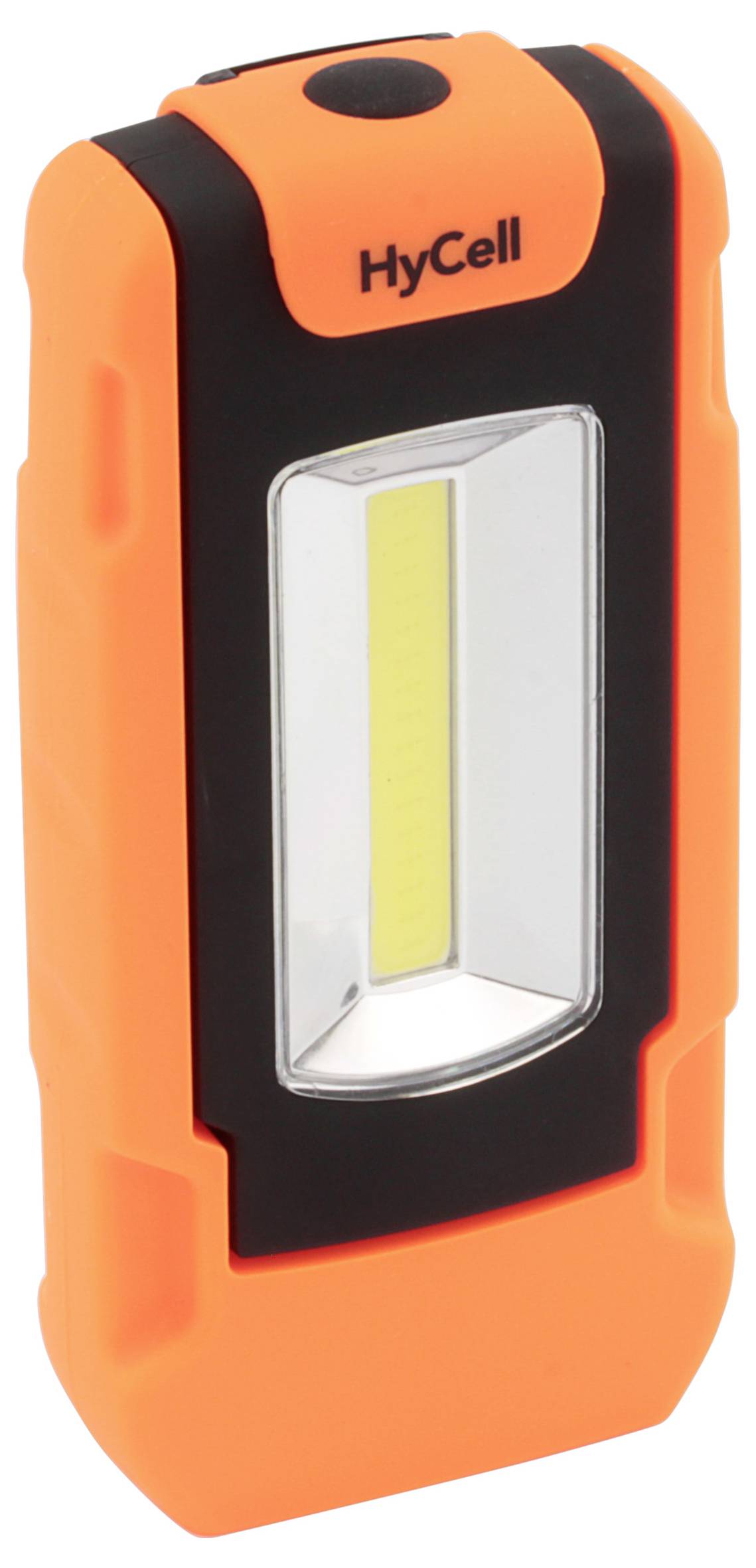 Orange HyCell tragbare LED-Arbeitsleuchte mit schwarzen Akzenten und einem zentralen beleuchteten Panel, dargestellt auf weißem Hintergrund.