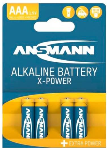 Verpackung für ANSMANN AAA 1,5V Alkali-Batterien, mit vier Batterien und der Aufschrift „EXTRA POWER