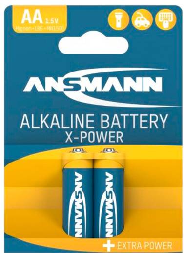 Packung mit zwei Ansmann AA 1,5V Alkaline-Batterien mit den Bezeichnungen 