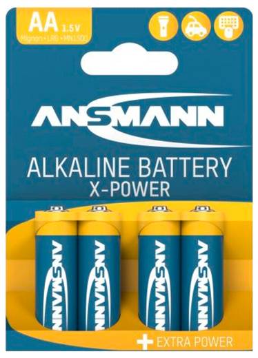 Packung mit ANSMANN AA 1,5V Alkali-Batterien, X-Power extra Leistung, zeigt vier Batterien in Blisterverpackung.