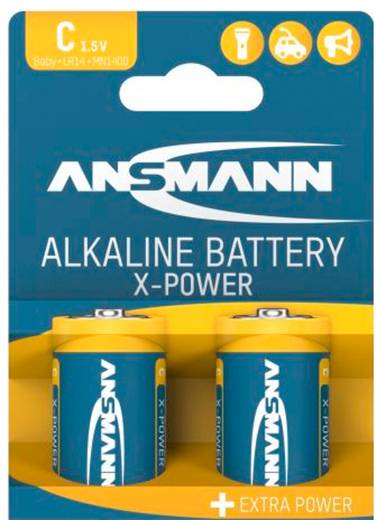 Ansmann X-Power Alkalibatterien, Größe C, 1,5V, Doppelpack mit Extra-Power-Beschriftung auf blau- und gelbem Verpackungsdesign.