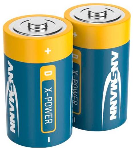 Zwei aufrecht stehende blau und gelb gefärbte Wansamni D X-Power Batterien, die positive und negative Pole zeigen.