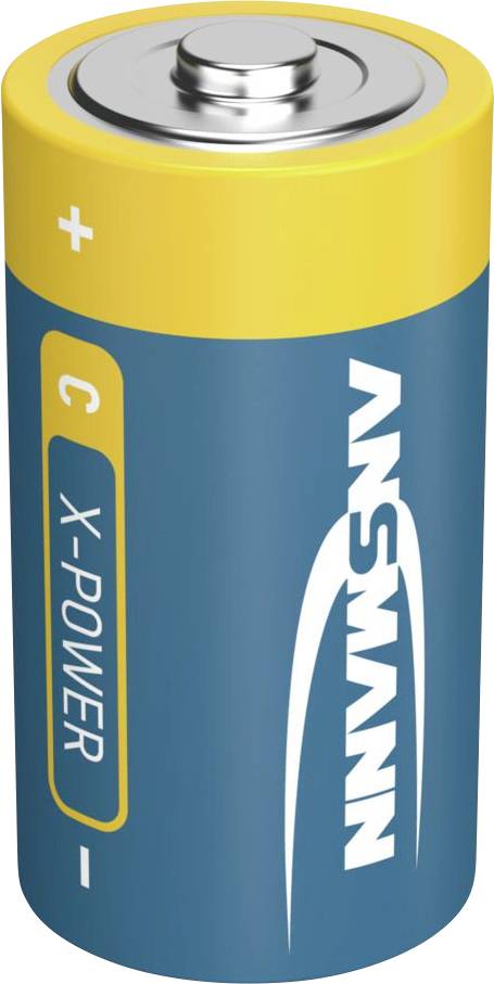 Eine blau und gelb gefärbte ANSMANN X-POWER Batterie mit Plus- und Minusklemmen, aufrecht auf weißem Hintergrund abgebildet.