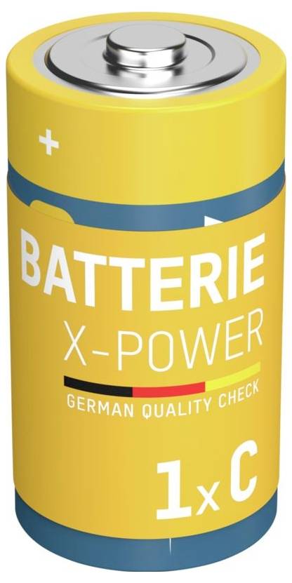 Gelbe X-POWER Batteriezelle mit Kennzeichnung 'Batterie X-POWER', 'Deutsche Qualitätskontrolle' und '1x C'