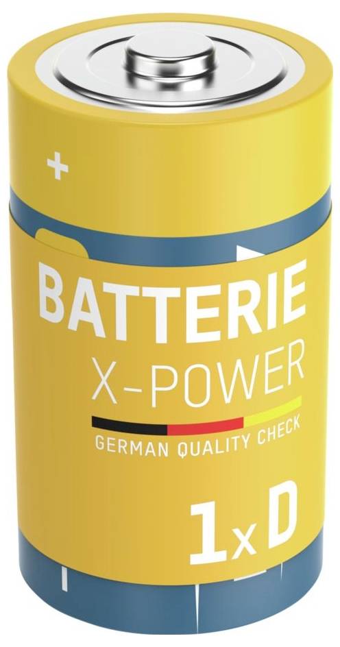 Gelbe D-Größen-Batterie mit der Aufschrift „BATTERIE X-POWER