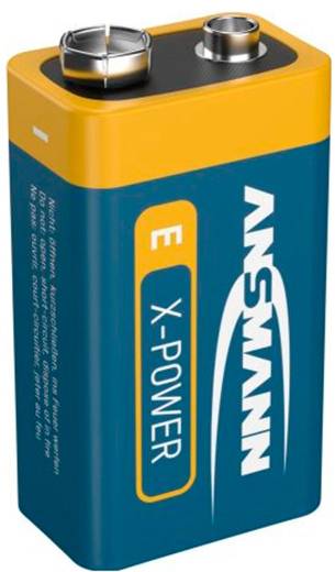 Eine blau-gelbe 9-Volt-ANSMANN X-POWER-Batterie mit Metallklemmen, abgebildet vor weißem Hintergrund.