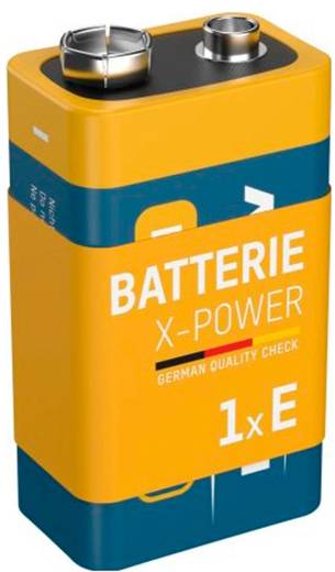 Gelbe und blaue 9V-Batterie mit der Aufschrift „BATTERIE X-POWER