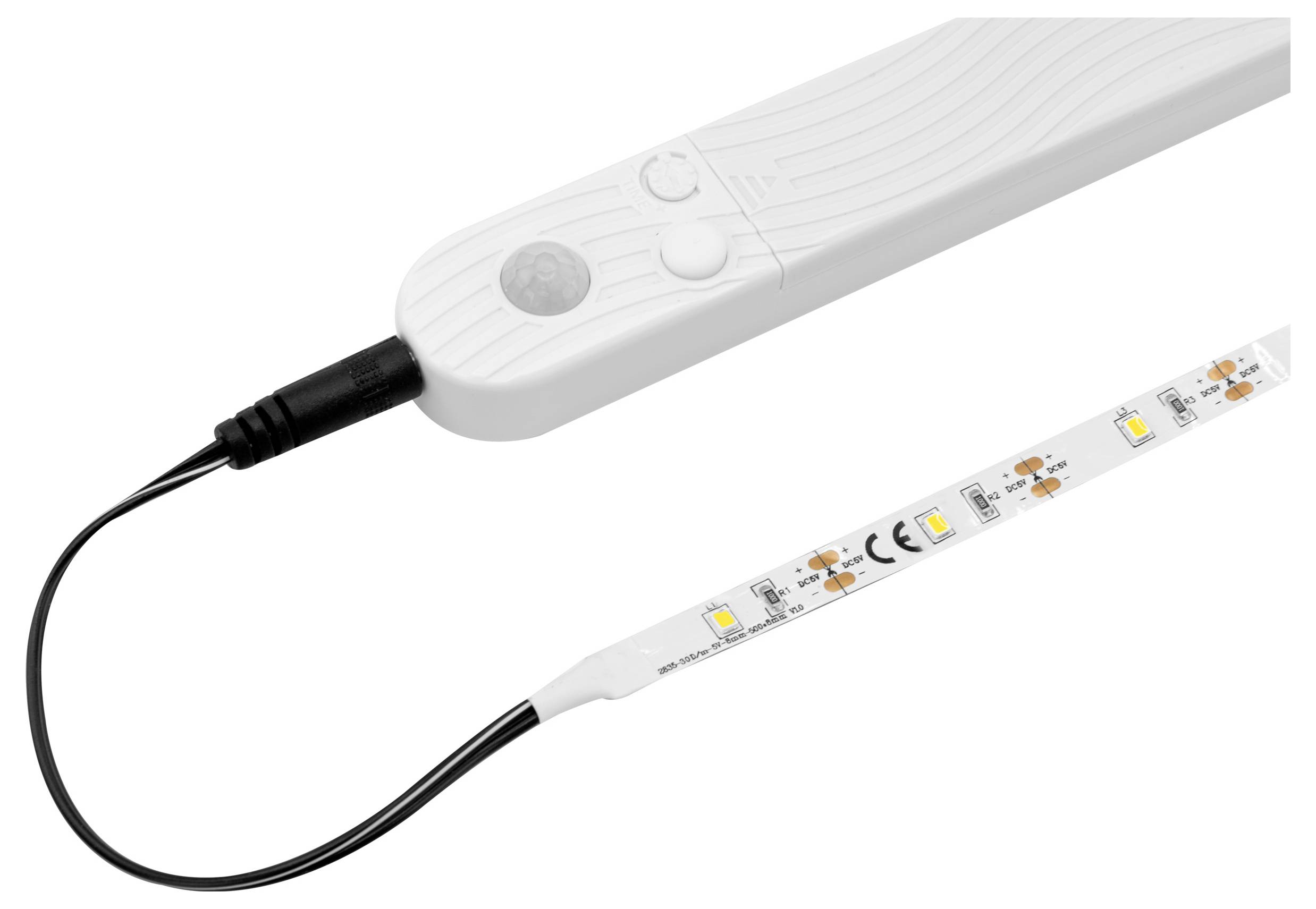 Tragbarer weißer LED-Streifen, verbunden durch ein schwarzes Kabel mit einem tragbaren Controller mit zwei Tasten und einer runden Anzeige.