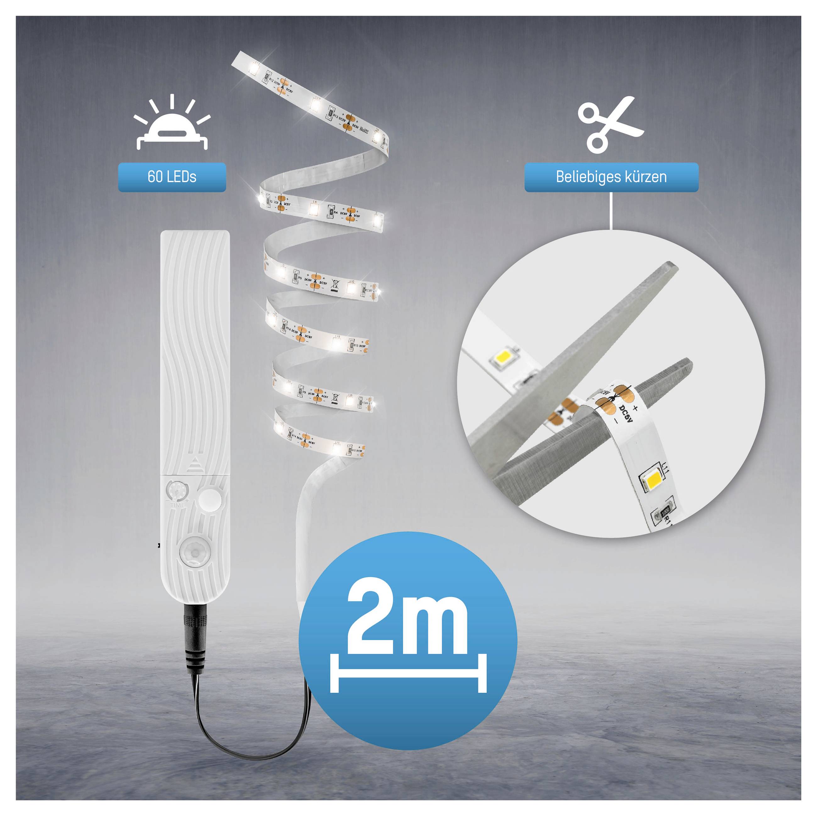 2-m-LED-Streifen-Set mit 60 LEDs und Steuergerät; kann auf jede gewünschte Länge gekürzt werden, gezeigt mit Schere und Nahaufnahme der Schnittstelle.