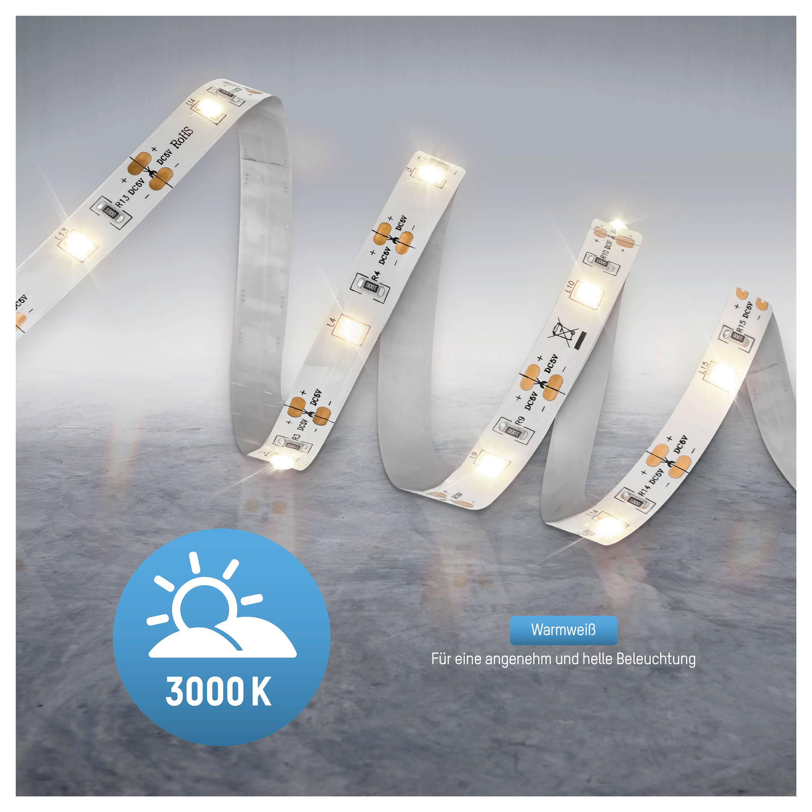 Warm white LED strip light glowing at 3000 K, shown in a looping ribbon with the text 'Warmweiß' and '3000 K' for pleasant bright lighting.