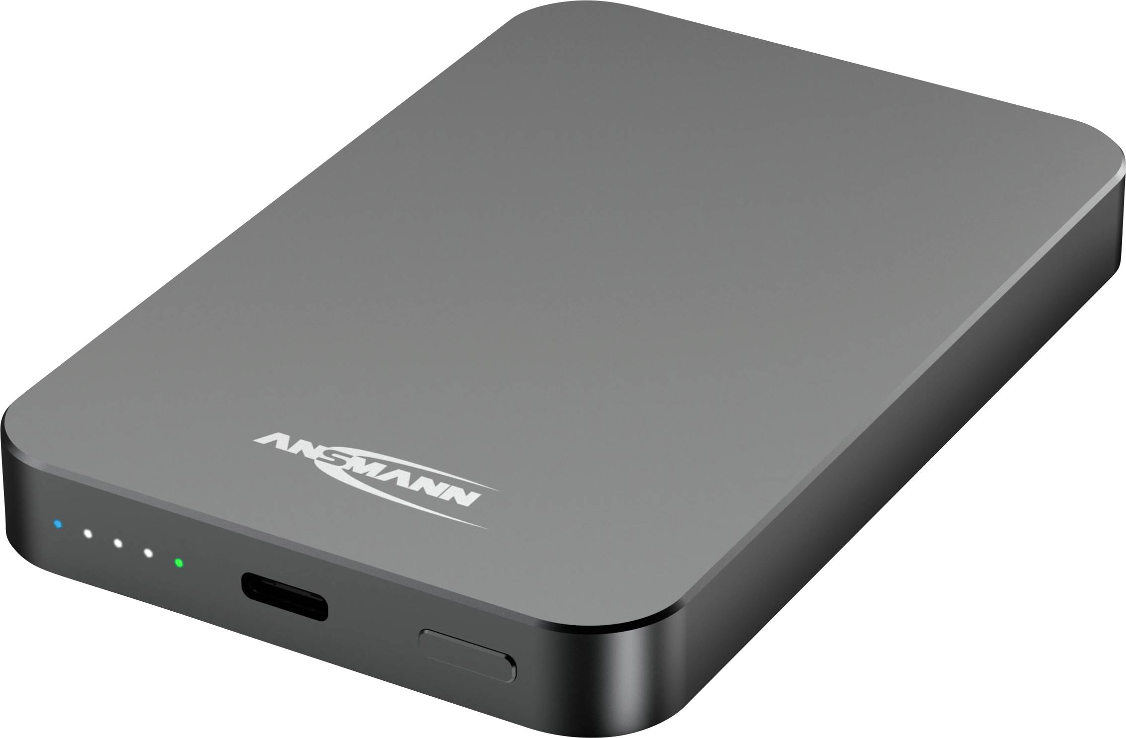 Tragbare externe Festplatte mit Anzeigeleuchten und USB-C-Anschluss auf der Vorderseite.