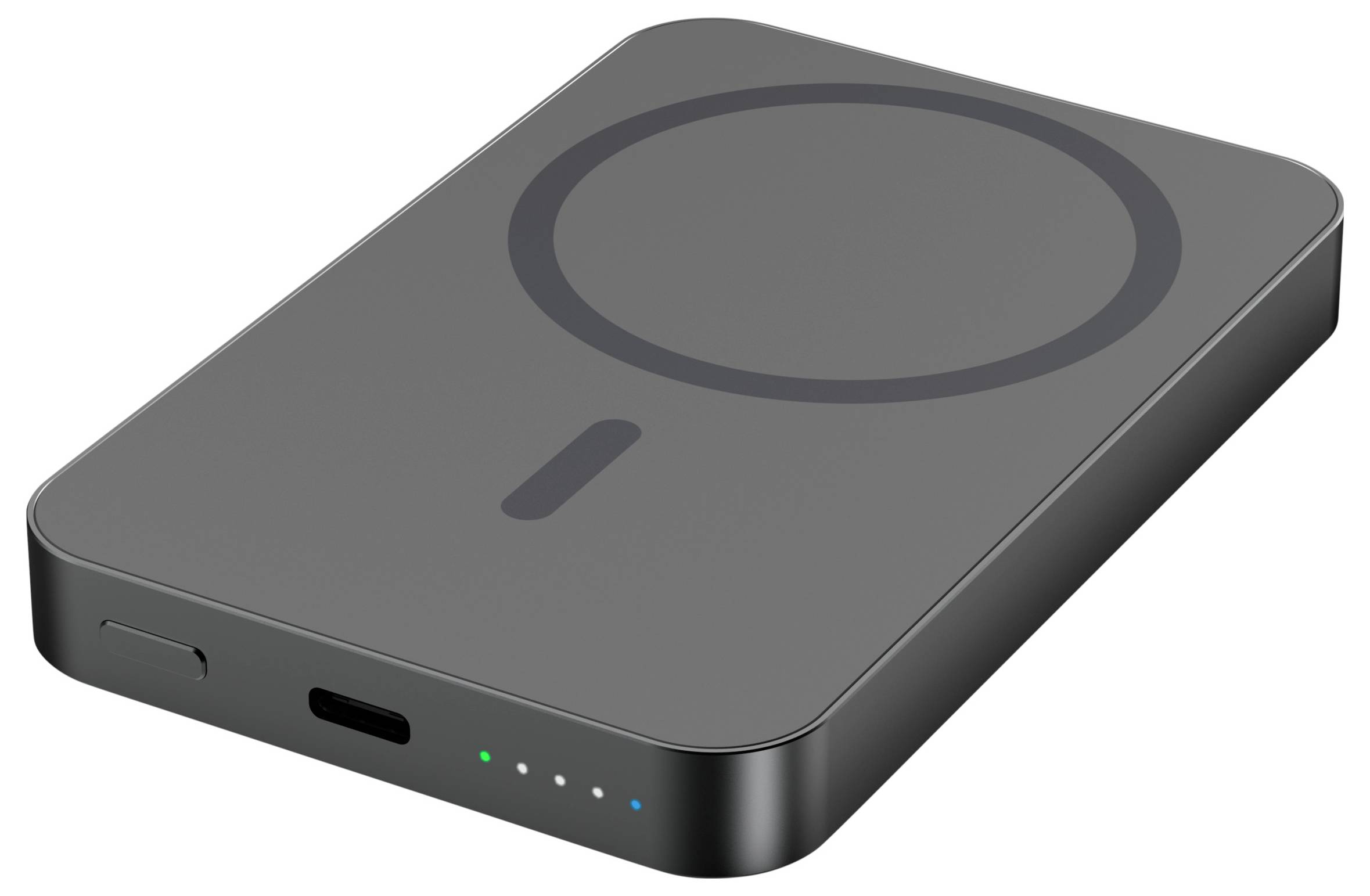 Tragbares kabelloses Ladegerät mit kreisförmiger Ladefläche, USB-C-Anschluss und kleinen LED-Statusleuchten an der vorderen Kante.