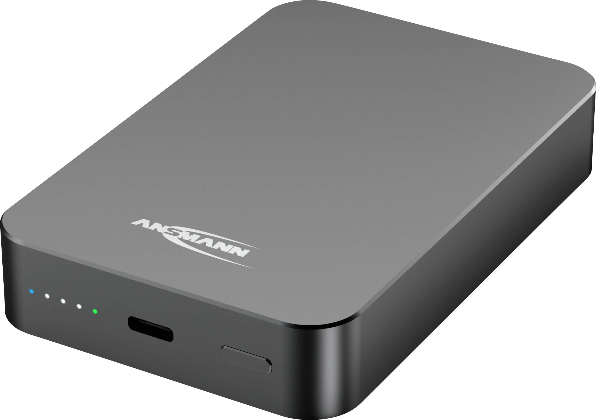 Externe schwarze Festplatte mit abgerundeten Ecken, LED-Statusleuchten auf der Vorderseite und USB-C-Anschluss auf weißem Hintergrund.