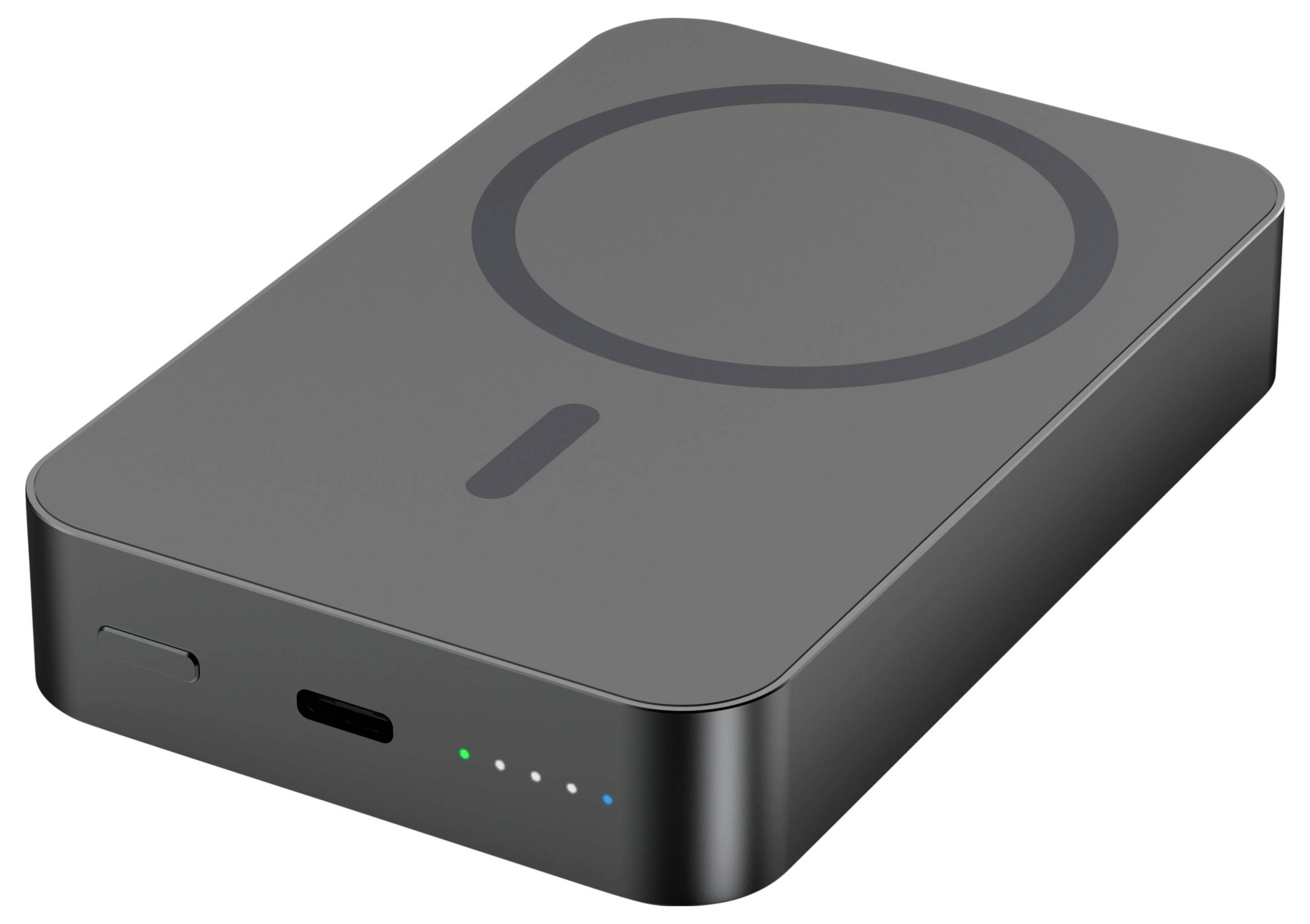 Ein schwarzes kabelloses Ladegerät/Powerbank mit einer kreisförmigen Ladefläche oben, USB-C-Anschluss an der Vorderseite und Anzeigelampen.