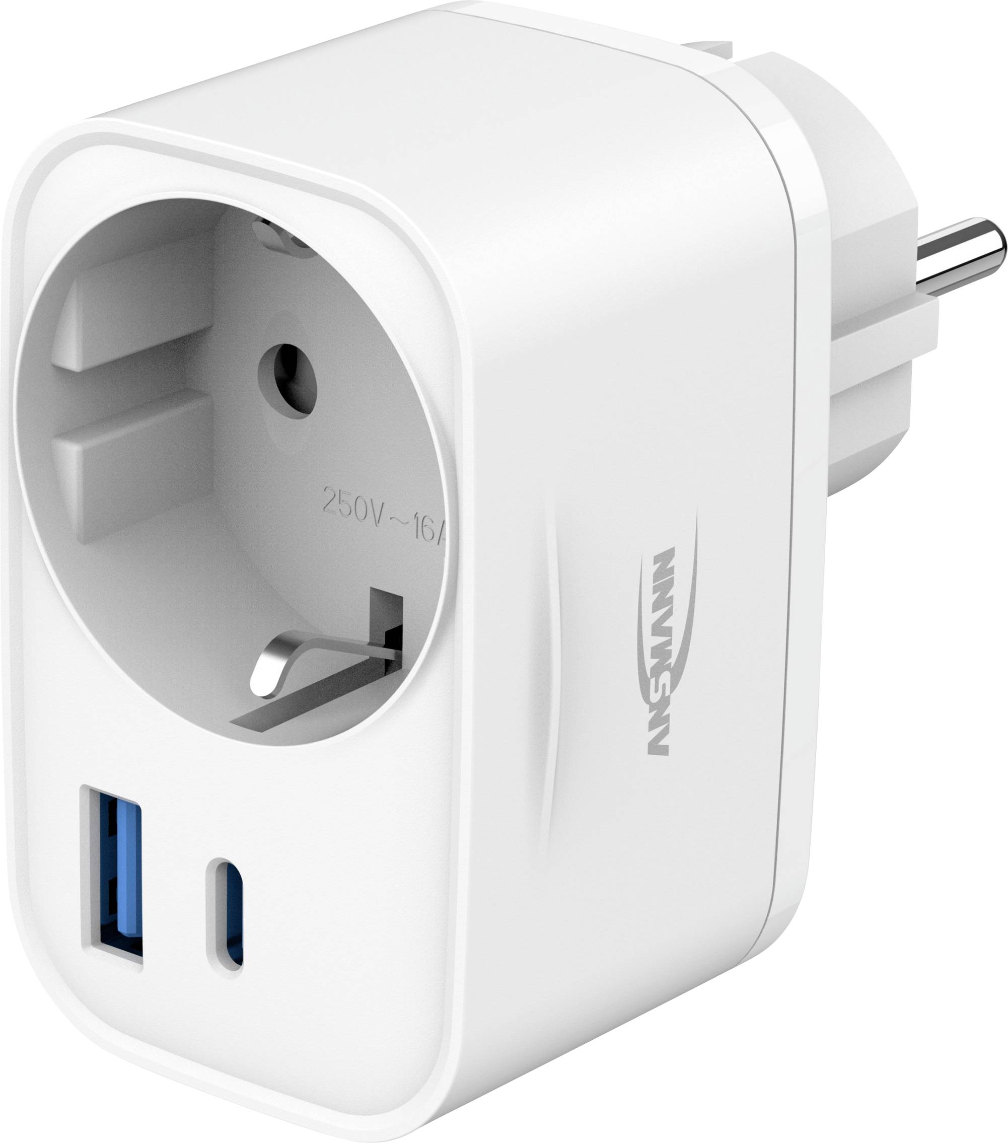 Weiße Steckdosen-Stromadapter mit europäischer Steckdose und USB-A- sowie USB-C-Ladeanschlüssen, Marke Nivensun.
