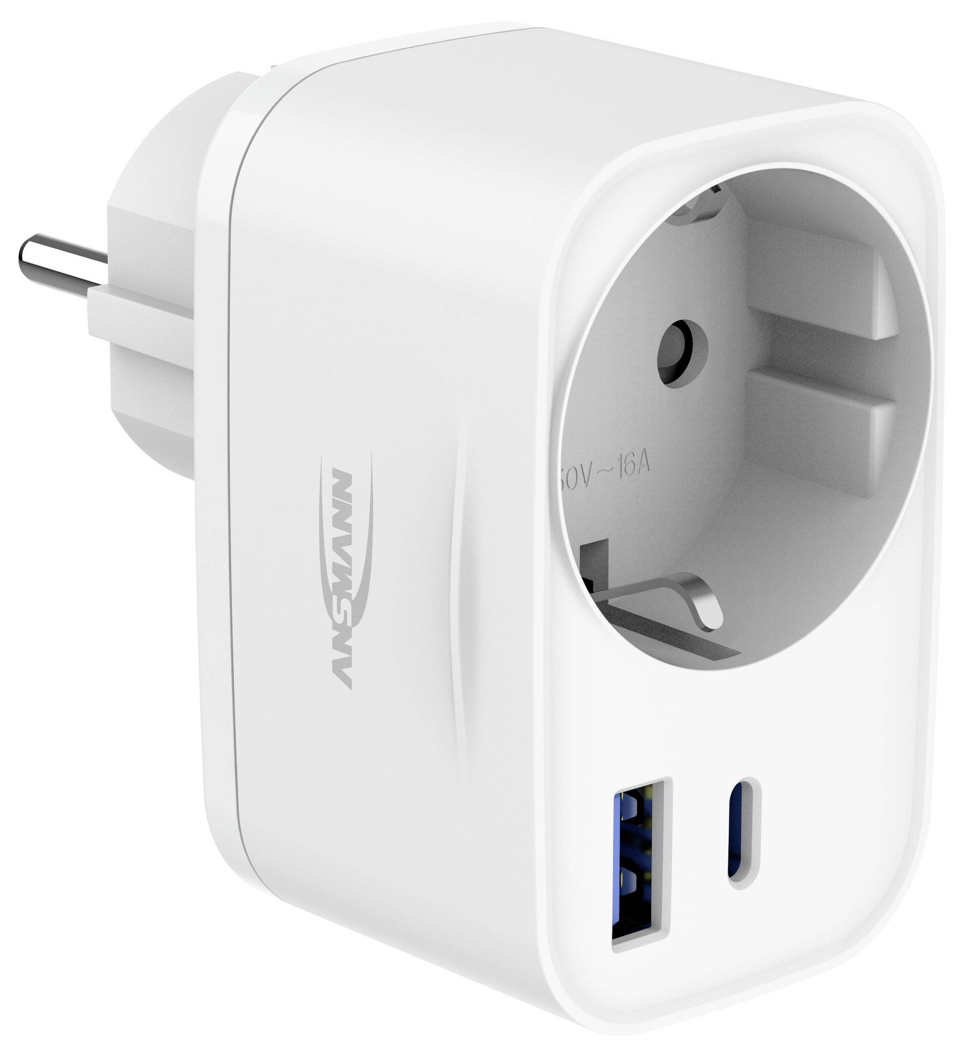 Weißer Stecker-Netzteil mit geerdeter Steckdose mit Durchgang und zwei USB-Ladeanschlüssen, gezeigt auf weißem Hintergrund.