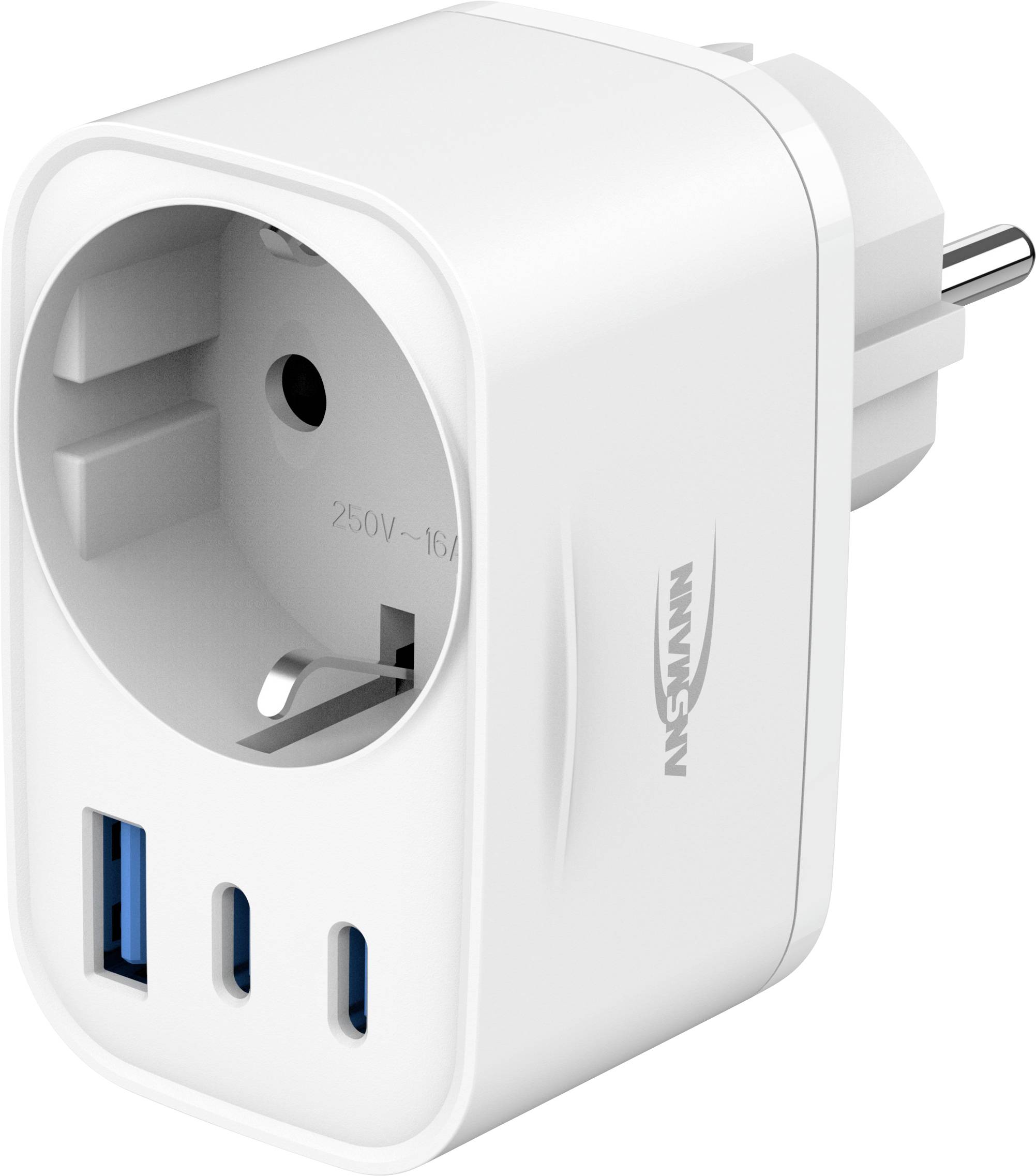 Weißer Stecker-Netzteil mit Schuko-Steckdose und USB-A- sowie USB-C-Ladeanschlüssen.