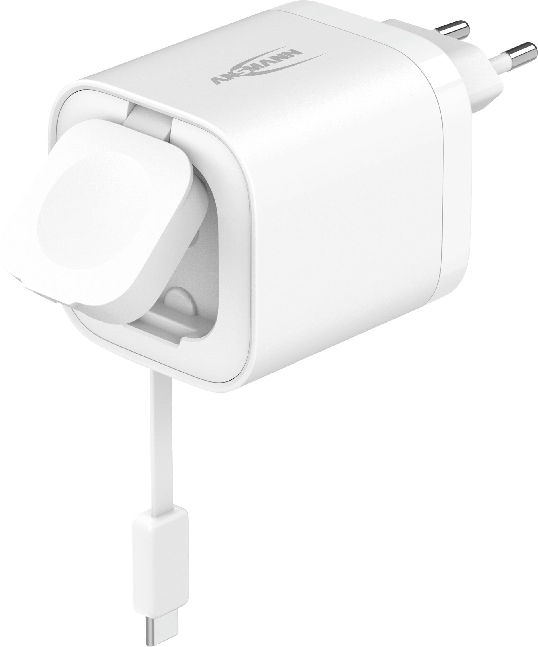 Weiße USB-Wandladegerät mit zweipoliger Steckerdose und angeschlossenem Kabel, isoliert auf einfachem Hintergrund dargestellt.