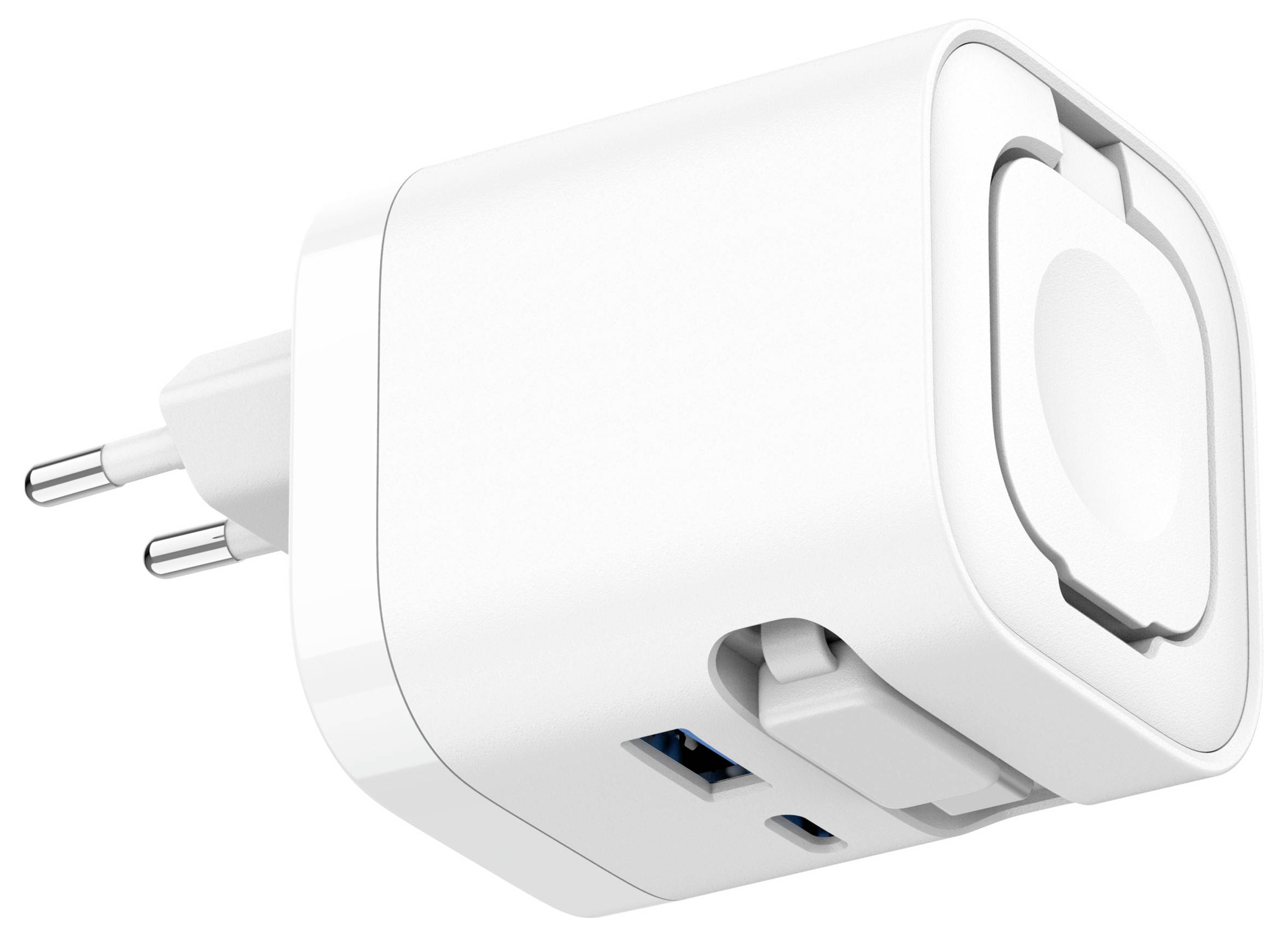 Weißer Stecker-Netzadapter mit zwei Steckern und USB-Anschlüssen, auf einfachem Hintergrund gezeigt.