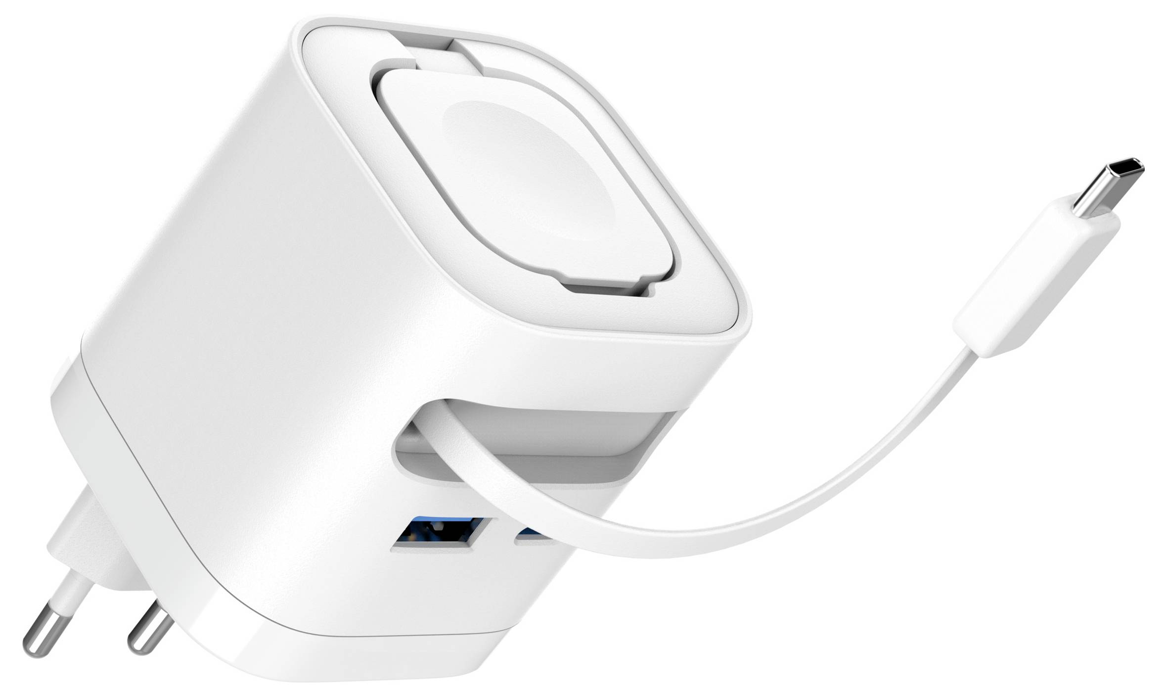 Weiß USB-Wandladegerät mit abnehmbarem USB-C-Kabel und klappbarem Stecker auf weißem Hintergrund.