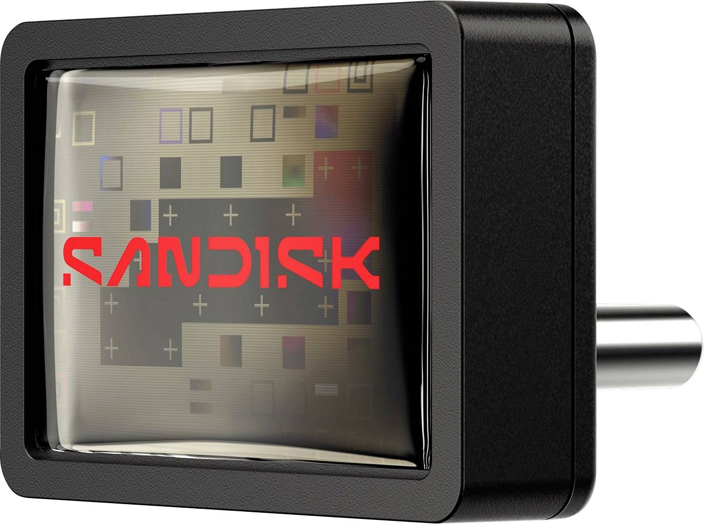 Eine Nahaufnahme eines SanDisk-Geräts mit glänzendem Display, das farbige Quadrate und Linien zeigt und das SanDisk-Logo in Rot trägt.