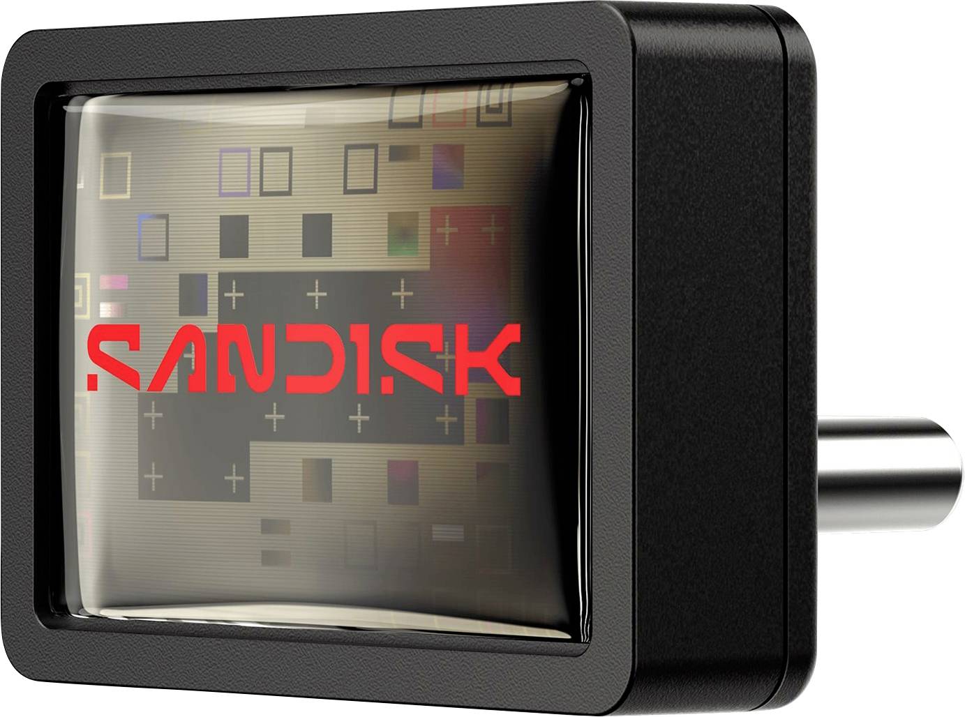 Eine Nahaufnahme eines SanDisk-Logos, das auf einer reflektierenden Oberfläche geprägt ist, möglicherweise auf einem Mikrochip oder einer elektronischen Komponente, mit komplizierter Schaltungstechnik.